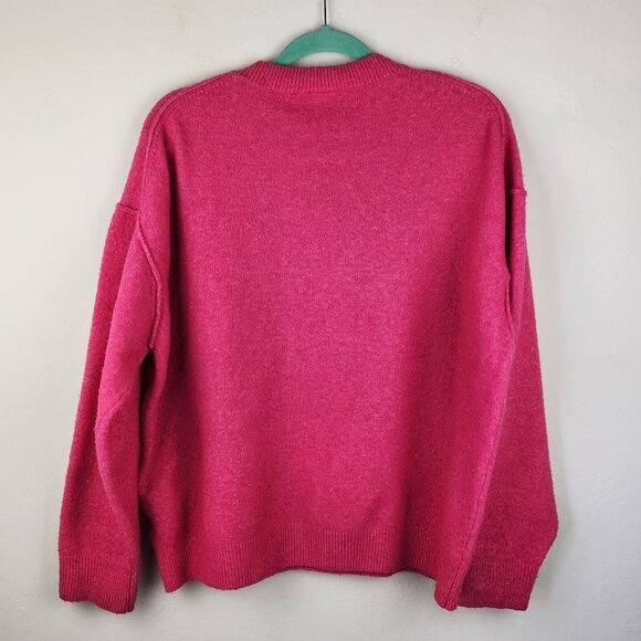Weekday Bright Pink Annie Chunky Knit Oversized Crewneck Sweater Wool Blend sz S - Picture 4 of 12